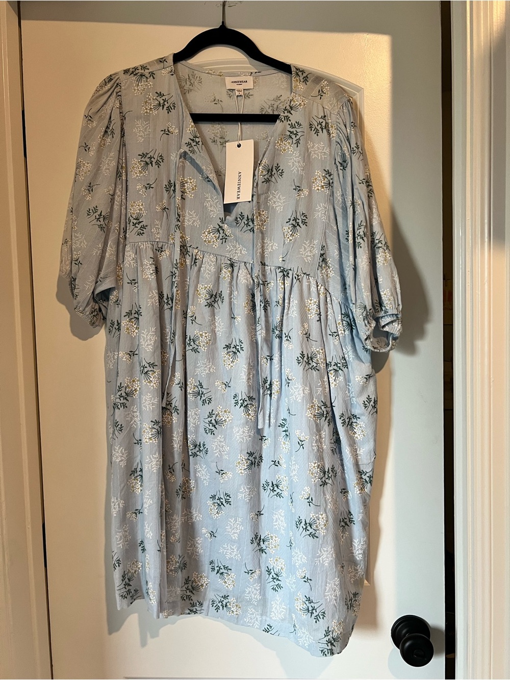 Blue Floral Puff-Sleeve Babydoll Dress